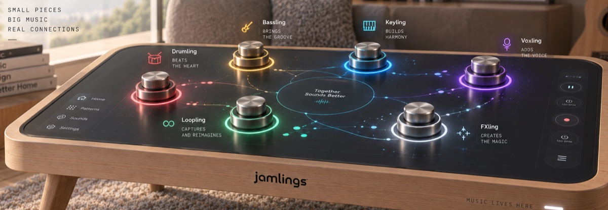 A concept render of the Jamlings table: a wooden coffee table with a dark glass top, six metal pieces standing on it, each ringed in its own colour with light trails running between them